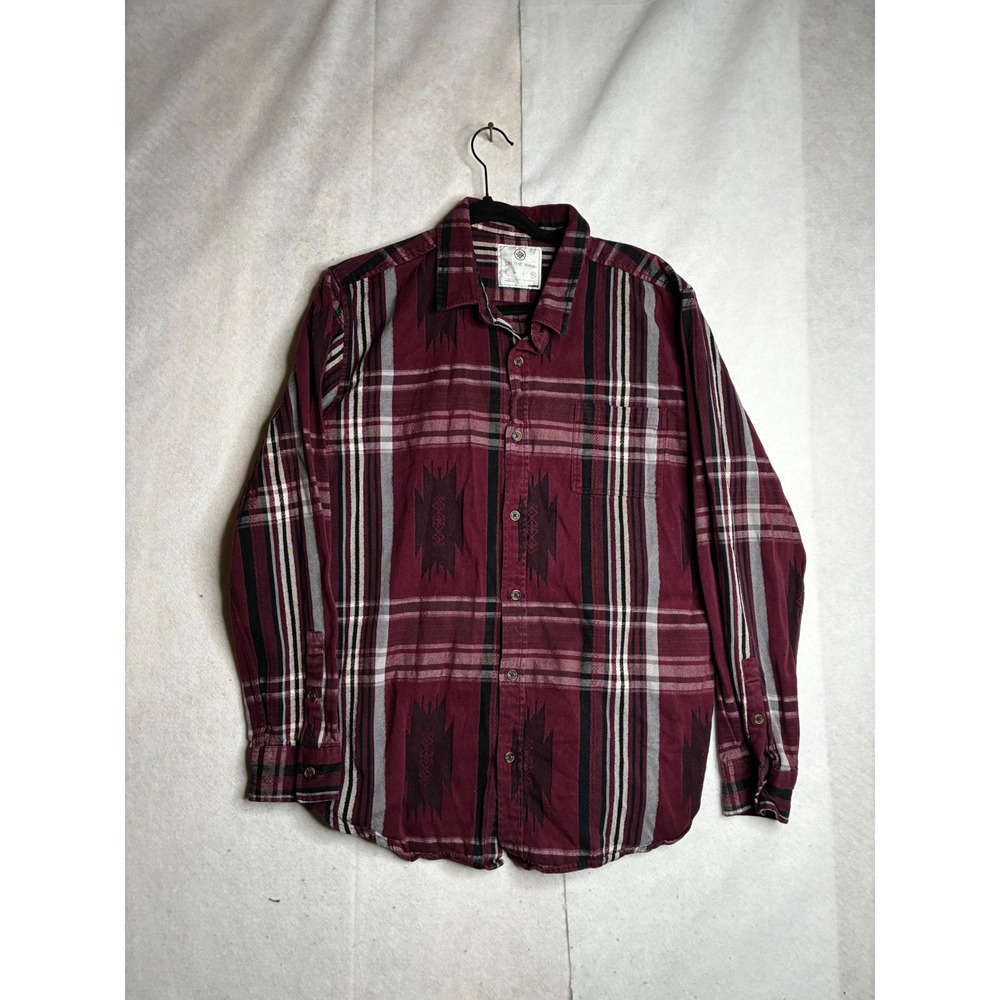 On The‎ Byas Mens XL Plaid Southwestern Embroidered Cotton Button Down Shirt Red